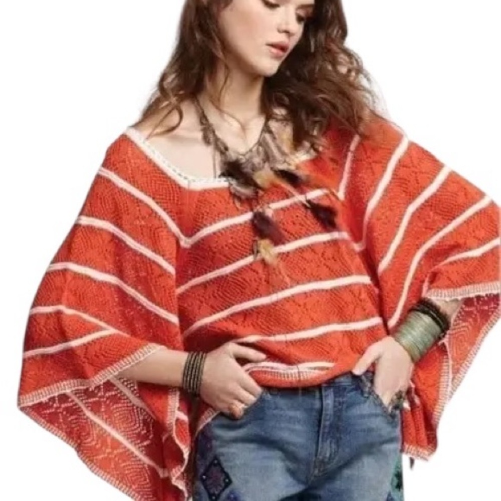 Free People La Bonita Knit Orange and White Striped Poncho Cape Sweater